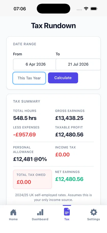 Tax Rundown screen with UK banded tax breakdown